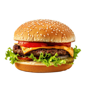 Classic cheeseburger with chedder sluce, tomato, salad, beef and white bun.