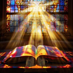 open bible bathed in divine light rays streaming through stained glass window creating atmosphere of reverence and spiritual enlightenment