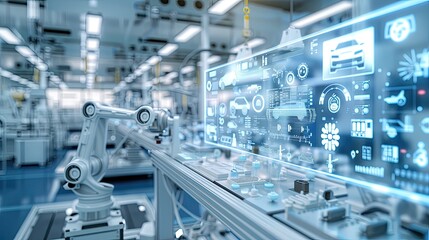 Fototapeta premium A futuristic assembly line with robotic arms and a conveyor belt, building cars in a modern automated factory setting