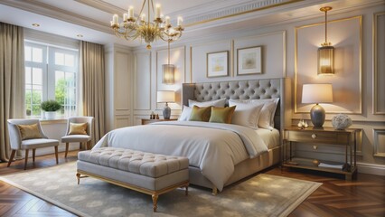 Fototapeta premium Cozy inviting bedroom scene with plush comforter neatly made bed surrounded by soft pastel walls and elegant furnishings.