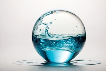 Blue water splash in glass sphere on plain white background
