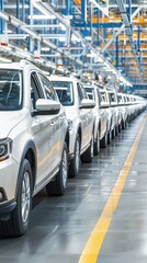 Obraz premium A futuristic assembly line with robotic arms and a conveyor belt, building cars in a modern automated factory setting.