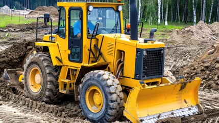A yellow bulldozer with a large blade is moving dirt on a construction site. The bulldozer is in the foreground of the image, and a forest is in the background