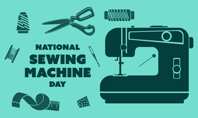 National Sewing Machine Day on June 13, business brochure design, banner flyer, horizontal vector template, cover presentation, poster of a modern edition, retro style shades of blue like an engraving