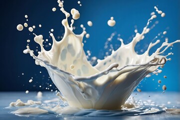 Dramatic milk splash against blue backdrop dynamism and beauty of common beverage