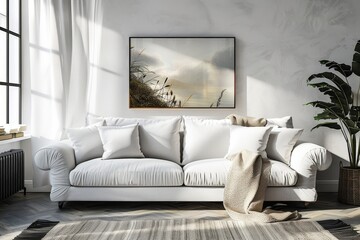 Living Room with Clean-lined Sofa and Simple Artwork: A minimalist living room mockup with a clean-lined sofa and simple artwork.