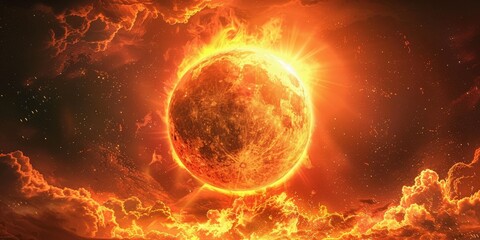 Obraz premium A fiery planet surrounded by glowing clouds in outer space, depicting a dramatic and otherworldly scene.