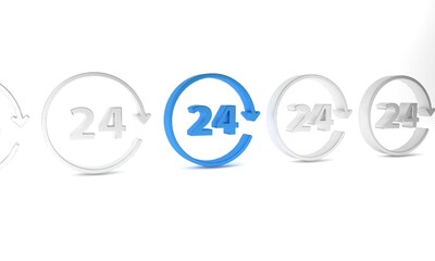 Blue Clock 24 hours icon isolated on white background. All day cyclic icon. 24 hours service symbol. Minimalism concept. 3D render illustration
