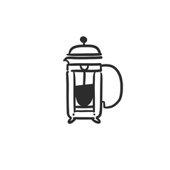 Hand drawn vector abstract graphic doodle minimalistic line illustrations collection with brewing coffee,preparing coffee drink. Coffee vector drawing icon.Simple coffee french press design concept.