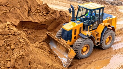 Obraz premium A yellow bulldozer with a large blade is moving dirt on a construction site. The bulldozer is in the foreground of the image, and a forest is in the background