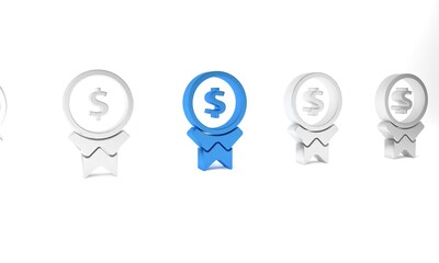 Blue Reward for good work icon isolated on white background. Employee of the month, talent award, outstanding achievement, successful person. Minimalism concept. 3D render illustration