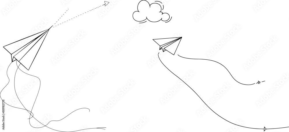 Fototapete flying paper plane in one line drawing with doodles in simple linear style