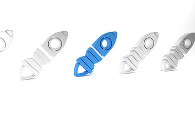 Blue Rocket ship with fire icon isolated on white background. Space travel. Minimalism concept. 3D render illustration