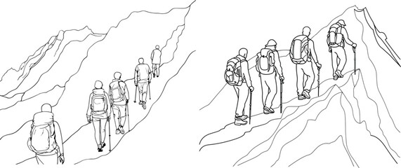 Obraz premium Various travelers hiking in the mountains. A modern single-line drawing of the scene