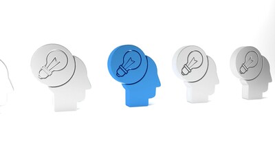 Blue Human head with lamp bulb icon isolated on white background. Minimalism concept. 3D render illustration