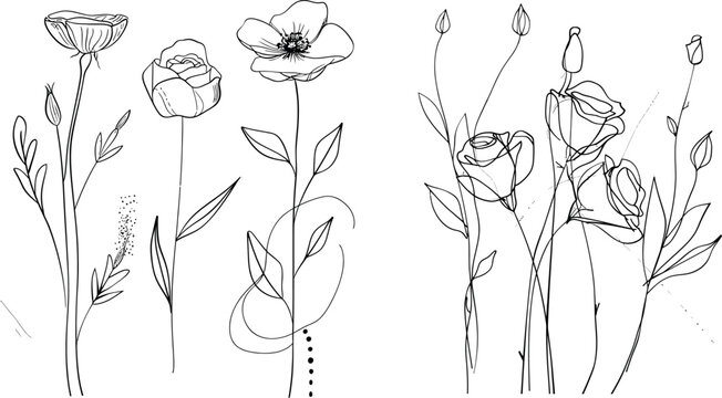 A set of one line drawing roses clip art. Hand drawn single line flowers with abstract background shapes.