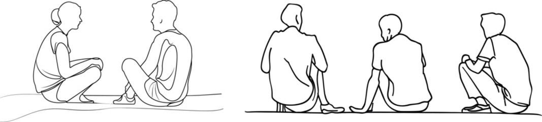 A continuous one-line modern drawing of a group of people sitting in a street concert, meeting.