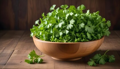Fototapeta premium Handcrafted wooden bowl overflowing with vibrant green parsley sprigs, arranged artfully on a rustic wooden surface