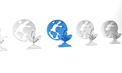 Blue Earth globe and plant icon isolated on white background. World or Earth sign. Geometric shapes. Environmental concept. Minimalism concept. 3D render illustration