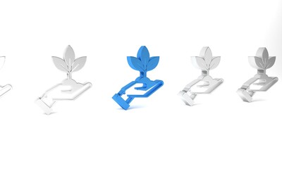 Blue Plant in hand of environmental protection icon isolated on white background. Seed and seedling. Planting sapling. Ecology concept. Minimalism concept. 3D render illustration