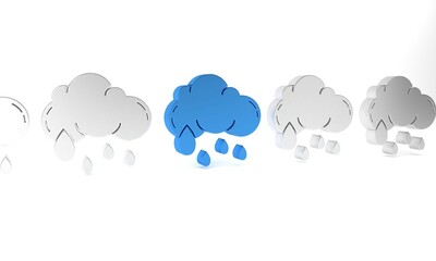 Blue Cloud with rain icon isolated on white background. Rain cloud precipitation with rain drops. Minimalism concept. 3D render illustration