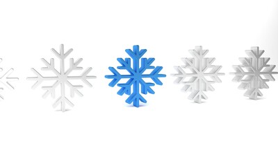 Blue Snowflake icon isolated on white background. Minimalism concept. 3D render illustration