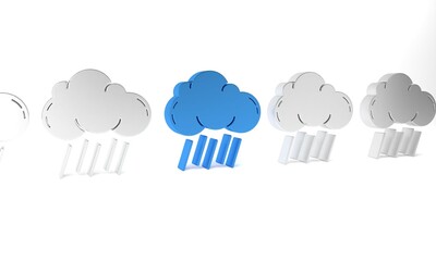 Blue Cloud with rain icon isolated on white background. Rain cloud precipitation with rain drops. Minimalism concept. 3D render illustration
