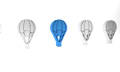 Blue Hot air balloon icon isolated on white background. Air transport for travel. Minimalism concept. 3D render illustration