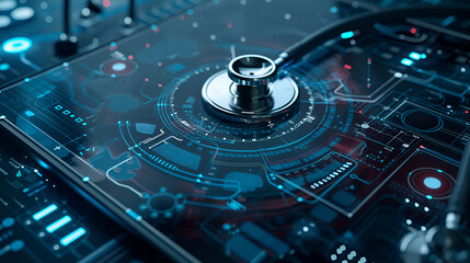 Medicine concept with modern laptop Medical network,3d rendering of abstract digital technology background. High resolution image,Digital Health Concept with Stethoscope and Network Graphics
