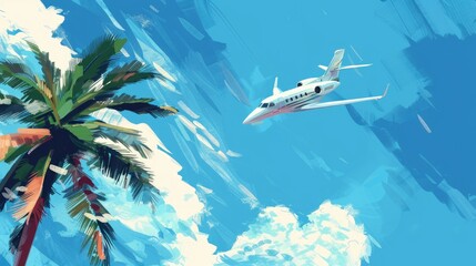 Fototapeta premium Aircraft against a blue sky with palm tree