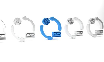 Blue Casino chips exchange on stacks of dollars icon isolated on white background. Minimalism concept. 3D render illustration