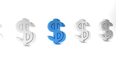 Blue Dollar symbol icon isolated on white background. Cash and money, wealth, payment symbol. Casino gambling. Minimalism concept. 3D render illustration