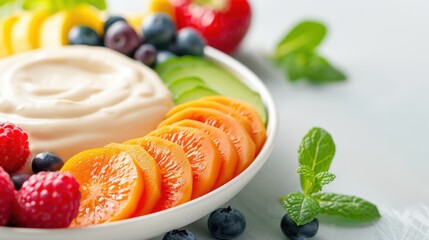 A plate of sliced fruit and vegetables with a dip, showcasing a healthy and refreshing snack option.