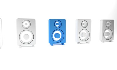 Blue Stereo speaker icon isolated on white background. Sound system speakers. Music icon. Musical column speaker bass equipment. Minimalism concept. 3D render illustration