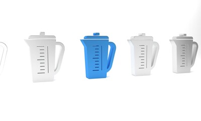 Blue Measuring cup to measure dry and liquid food icon isolated on white background. Plastic graduated beaker with handle. Minimalism concept. 3D render illustration