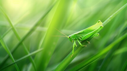 Fototapeta premium A grasshopper perched on a blade of grass, its wings folded neatly against its back, showcasing its camouflage.