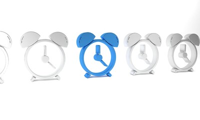 Blue Alarm clock icon isolated on white background. Wake up, get up concept. Time sign. Minimalism concept. 3D render illustration