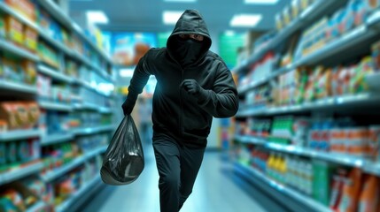 A masked thief dressed in black runs through a supermarket aisle holding a full bag, depicting a robbery in progress.