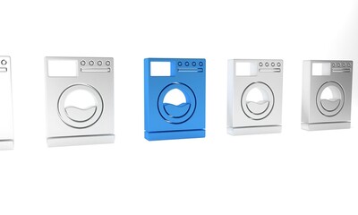 Blue Washer icon isolated on white background. Washing machine icon. Clothes washer - laundry machine. Home appliance symbol. Minimalism concept. 3D render illustration