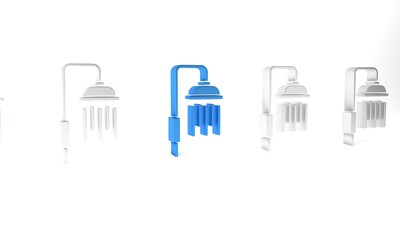 Blue Shower head with water drops flowing icon isolated on white background. Minimalism concept. 3D render illustration