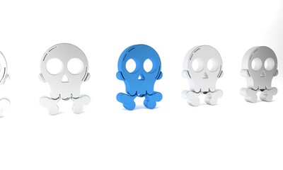 Blue Skull on crossbones icon isolated on white background. Happy Halloween party. Minimalism concept. 3D render illustration