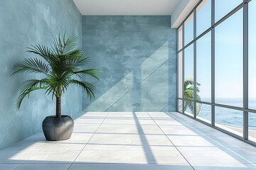 Modern indoor space with tropical plant serene atmosphere minimalist design bright and inviting stylish setting peaceful retreat vibrant summer vibes