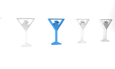Blue Martini glass icon isolated on white background. Cocktail icon. Wine glass icon. Minimalism concept. 3D render illustration