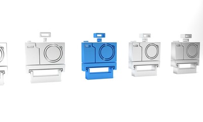 Blue Photo camera icon isolated on white background. Foto camera icon. Minimalism concept. 3D render illustration