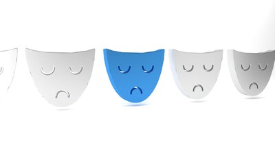 Blue Drama theatrical mask icon isolated on white background. Minimalism concept. 3D render illustration