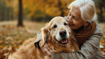 Mature woman cuddling golden retriever dog outdoors in park. Senior female bonding with happy pet. Animal companionship and friendshiop. humans best friend. Candid elderly woman with dog.