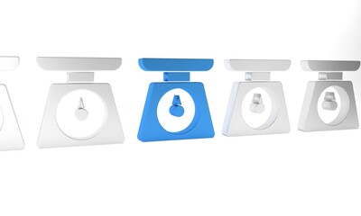 Blue Scales icon isolated on white background. Weight measure equipment. Minimalism concept. 3D render illustration
