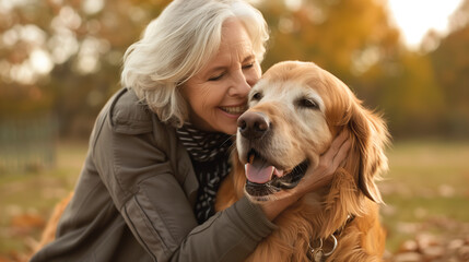 Mature woman cuddling golden retriever dog outdoors in park. Senior female bonding with happy pet. Animal companionship and friendshiop. humans best friend. Candid elderly woman with dog.