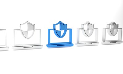 Blue Laptop protected with shield icon isolated on white background. PC security, firewall technology, privacy safety. Minimalism concept. 3D render illustration