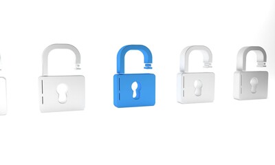 Blue Open padlock icon isolated on white background. Opened lock sign. Cyber security concept. Digital data protection. Safety safety. Minimalism concept. 3D render illustration